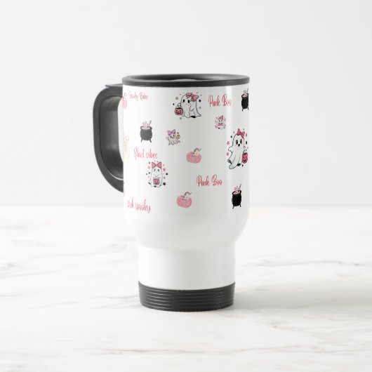Cute Pink Boo Ghost Travel Mug | (Devant gauche)