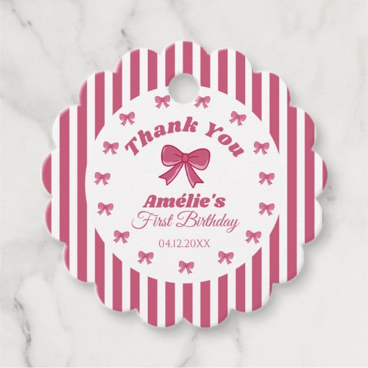 Cute Pink Bow 1st Birthday Bedankjes Labels (Voorkant)