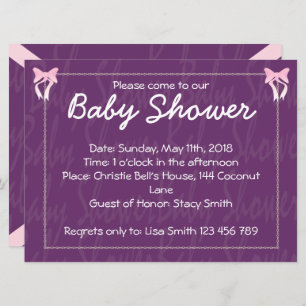 Cute Pink Bow Baby Girl Shower Paarse Uitnodiging