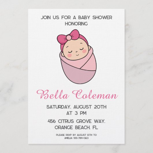cute pink bow baby shower invitation (Devant)