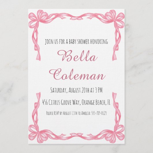 cute pink bow baby shower invitation (Devant)