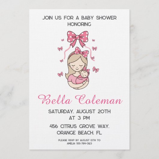 cute pink bow baby shower invitation (Devant)