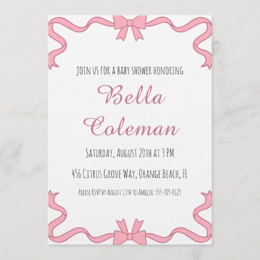 cute pink bow baby shower invitation (Devant)