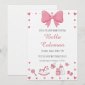 cute pink bow baby shower invitation kaart (Voorkant / Achterkant)