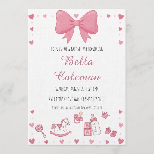 cute pink bow baby shower invitation kaart (Voorkant)