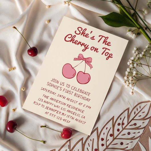 Cute Pink Bow Cherry on Top First Birthday Kaart