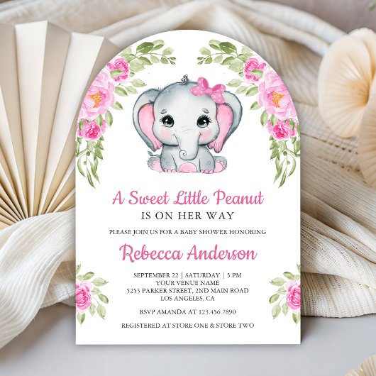 Cute Pink Bow Floral Elephant Baby Shower Kaart
