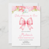 Cute Pink Bow Girl First Birthday Invitation Kaart (Voorkant)