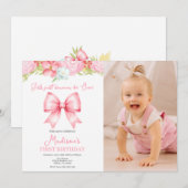 Cute Pink Bow Girl First Birthday Photo Invitation (Devant / Derrière)