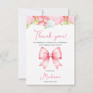 Cute Pink Bow Girl First Birthday Thank You Card Bedankkaart
