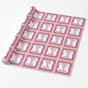 Cute Pink & Brown Girl's 1e verjaardag gepersonali Cadeaupapier
