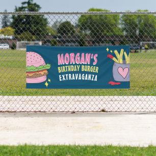 Cute Pink Burger en Fries Birthday Banner