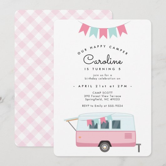 Cute Pink Camping Happy Camper Birthday Kaart (Voorkant / Achterkant)