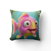 Cute Pink Cartoon Fish Underwater Throw Pillow