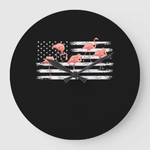 Cute Pink Cartoon Flamingo USA Flag 4th Of July Grote Klok