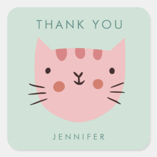 Cute Pink Cat Birthday bedankt Vierkante Sticker