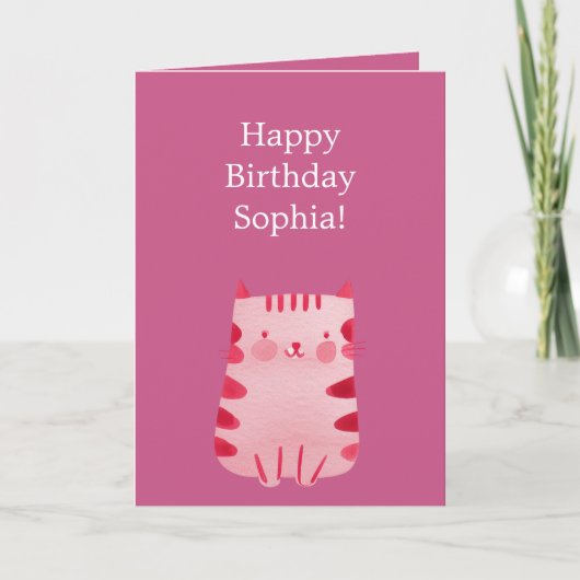 Cute Pink Cat Birthday Kaart (Voorkant)