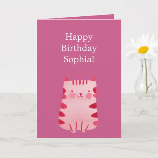 Cute Pink Cat Birthday Kaart (Kleine Plant)