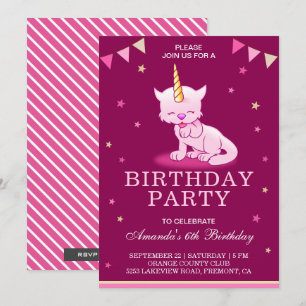 Cute Pink Cat Unicorn Birthday Party Invitation Kaart