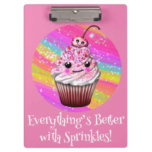 Cute Pink Cherry Cupcake met Sprinkles Cliboard Klembord (Voorkant)