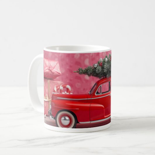 “Cute Pink Christmas Mug – Red Car & Tree Holiday (Devant gauche)