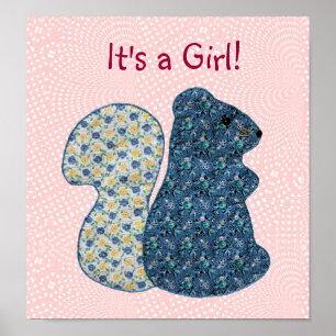 Cute Pink Country Style Squirrel Baby Girl Poster