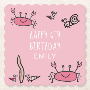 Cute Pink Crab Zee Animals Girl Happy Birthday Kartonnen Onderzetters