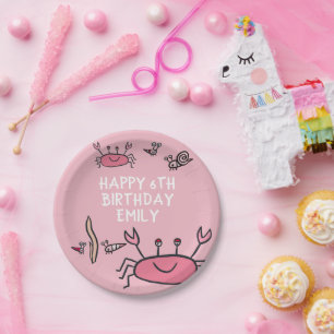 Cute Pink Crab Zee Animals Girl Happy Birthday Papieren Bordje