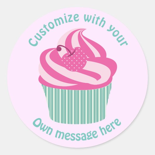 Cute Pink Cupcake Pastel Pink Custom Text Ronde Sticker (Voorkant)
