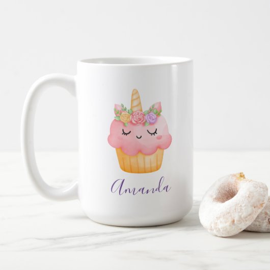 Cute Pink Cupcake Unicorn met Roos Koffiemok (Met donut)