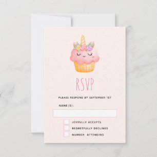 Cute Pink Cupcake Unicorn met Roos RSVP Kaartje