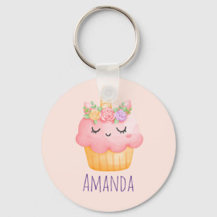 Cute Pink Cupcake Unicorn met Roos Sleutelhanger