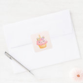 Cute Pink Cupcake Unicorn met Roos Vierkante Sticker (Envelop)