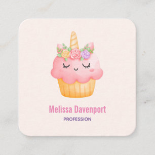 Cute Pink Cupcake Unicorn met Roos Vierkante Visitekaartje