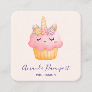 Cute Pink Cupcake Unicorn met Roos Vierkante Visitekaartje