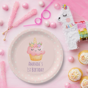 Cute Pink Cupcake Unicorn met Rozen Birthday Papieren Bordje