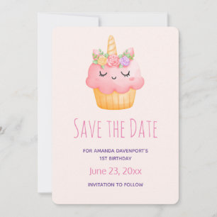 Cute Pink Cupcake Unicorn met Rozen Birthday Save The Date