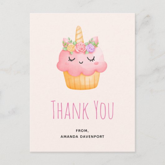 Cute Pink Cupcake Unicorn met Rozen Dank u Briefkaart (Voorkant)