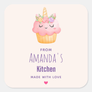 Cute Pink Cupcake Unicorn met Rozen Kitchen Vierkante Sticker