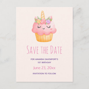 Cute Pink Cupcake Unicorn met Rozen Opslaan Datum Uitnodiging Briefkaart
