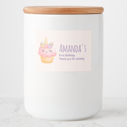 Cute Pink Cupcake Unicorn met Rozen Party Voedselcontainer Etiket (Voorkant)