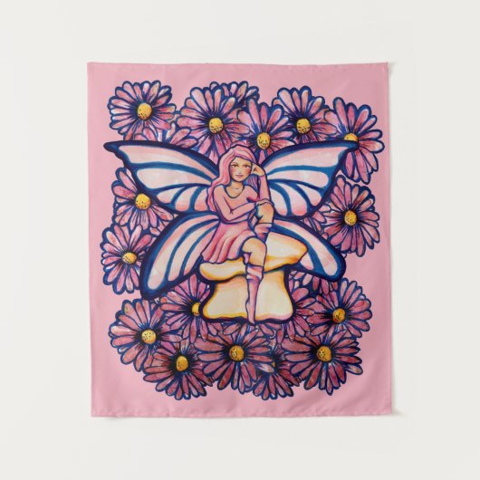 Cute Pink Daisy Fairy Mushroom Art Fairies Wandkleed (Voorkant)