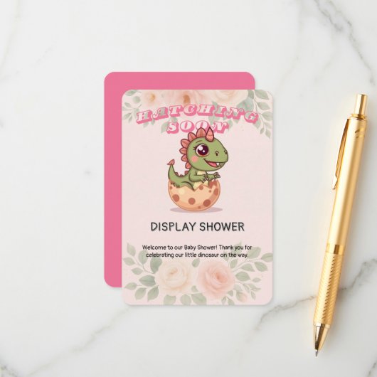 Cute Pink Dino Hatching Soon Informatiekaartje (Voorkant / Achterkant in situ)