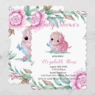Cute Pink Dinosaur en Peony Baby shower Invites Kaart