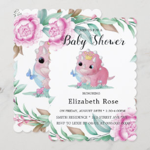 Cute Pink Dinosaur en Peony Baby shower Invites Kaart