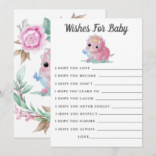 Cute Pink Dinosaur Peony Wishes Baby shower Kaart