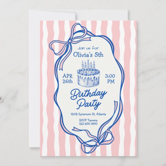 Cute Pink Doodle Frame and Bows 5th Birthday Kaart (Voorkant)