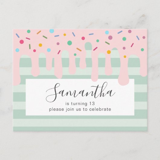 Cute Pink Drip Sprinkle Birthday Party Uitnodiging Briefkaart (Voorkant)