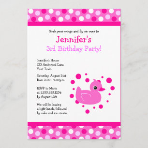 Cute Pink Ducky met Polka Dots Birthday Invite Kaart