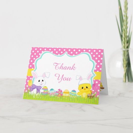 Cute Pink Easter Bunny and Chick Easter Hunt Bedankkaart (Voorkant)